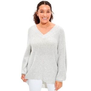 American Eagle Light Gray V Neck Waffle Knit Lightweight Tunic Sweater